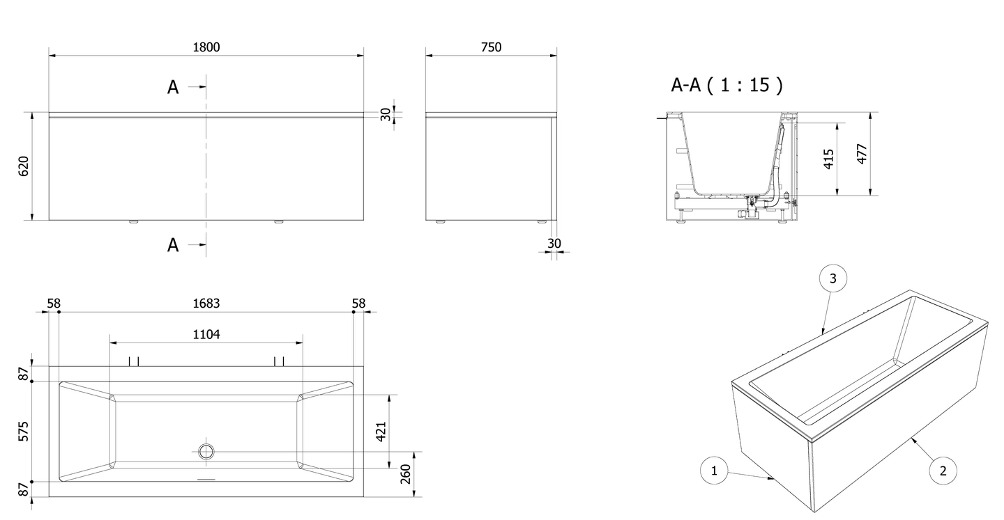 Badekarpakke m/panel KVADRAT DUO 180 - Bilde 2