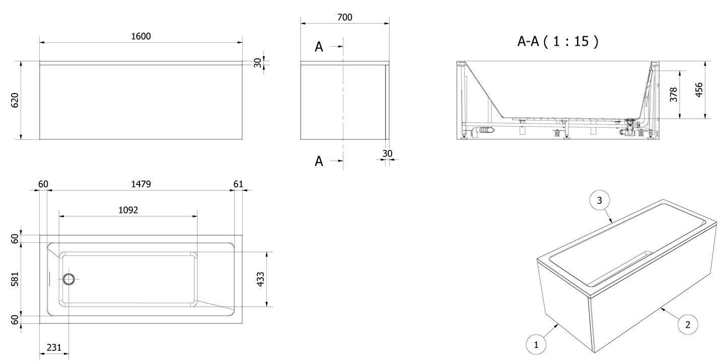 Badekar KVADRAT 160 - Bilde 2