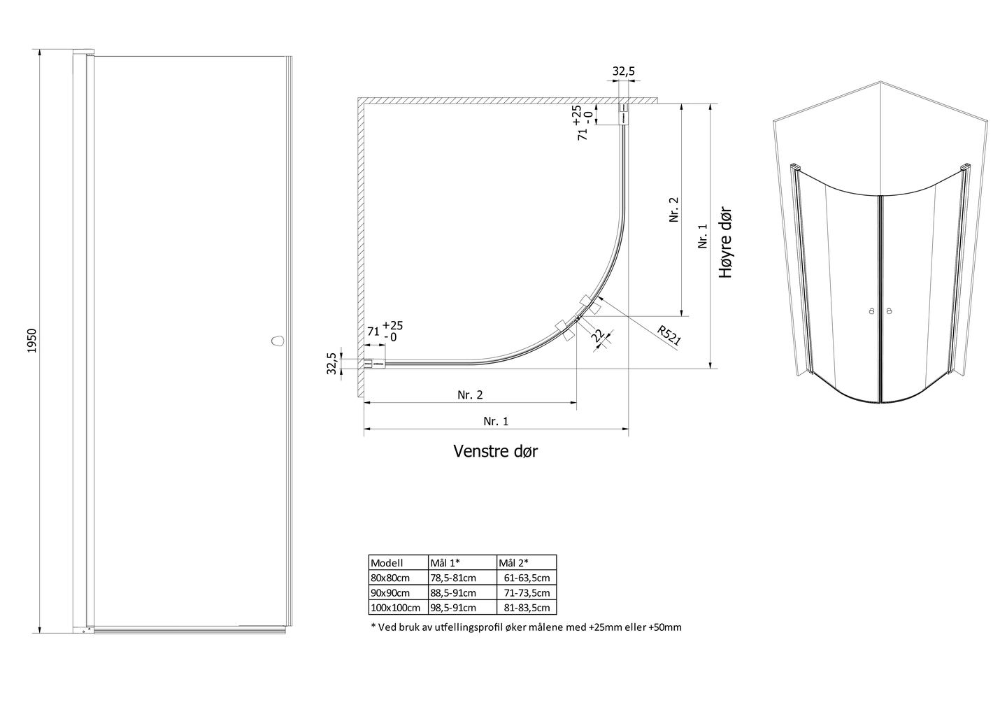 Dusjhjørne buet LIAM 80x90 H - Bilde 2