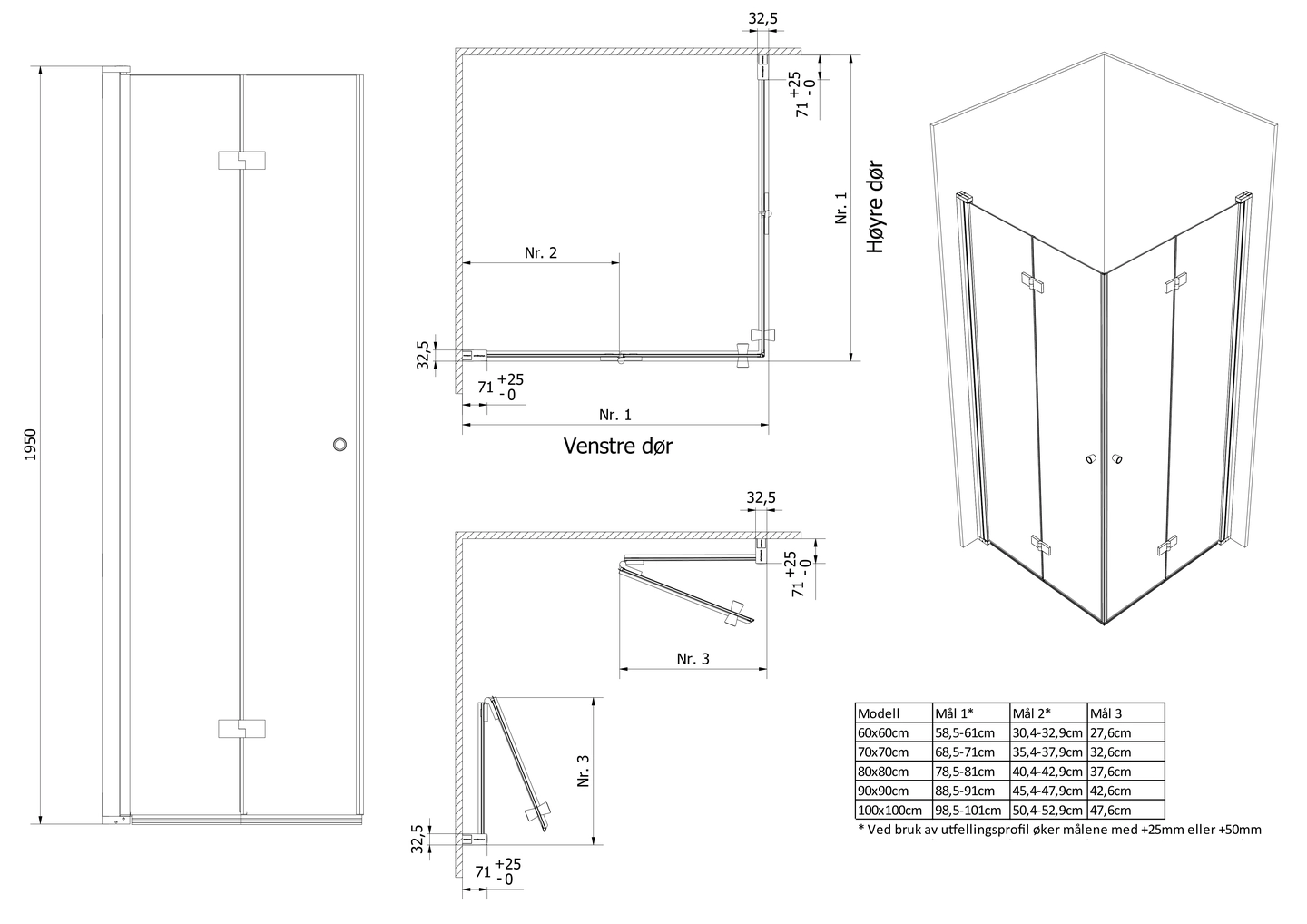 Dusjhjørne leddet LIAM 70x80 V - Bilde 2
