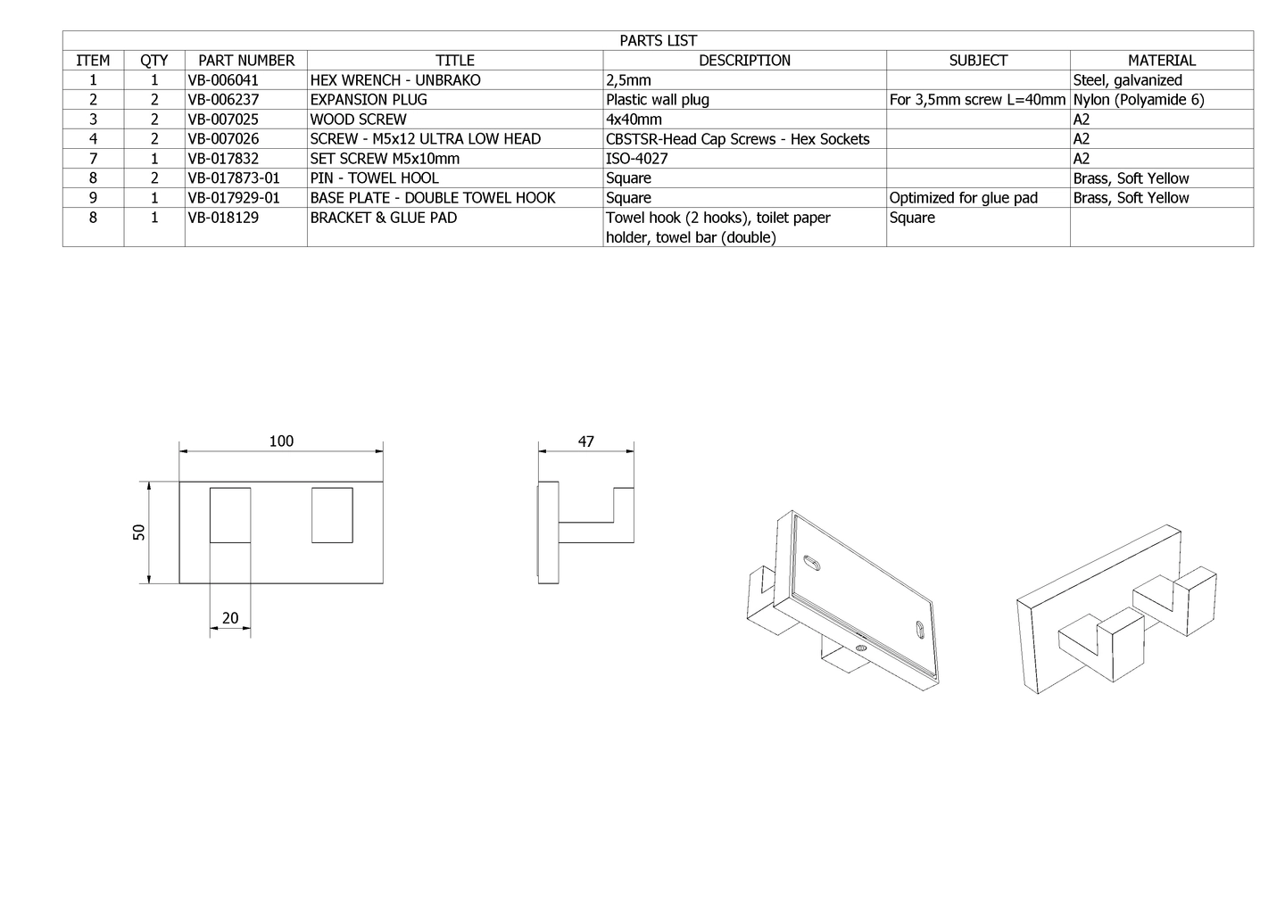Knagg med 2 kroker rett LUNA - Bilde 2