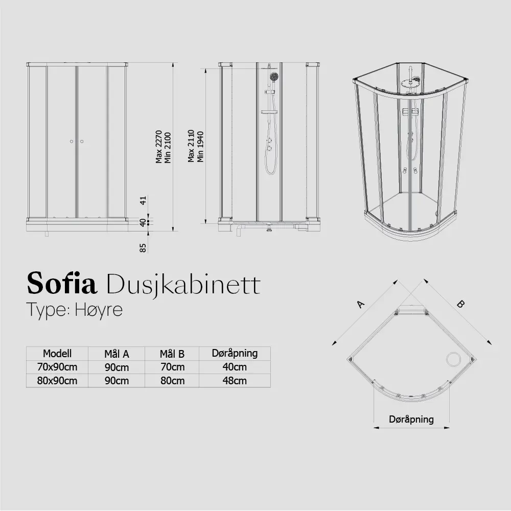 Dusjkabinett SOFIA standard 80x90 H - Bilde 2