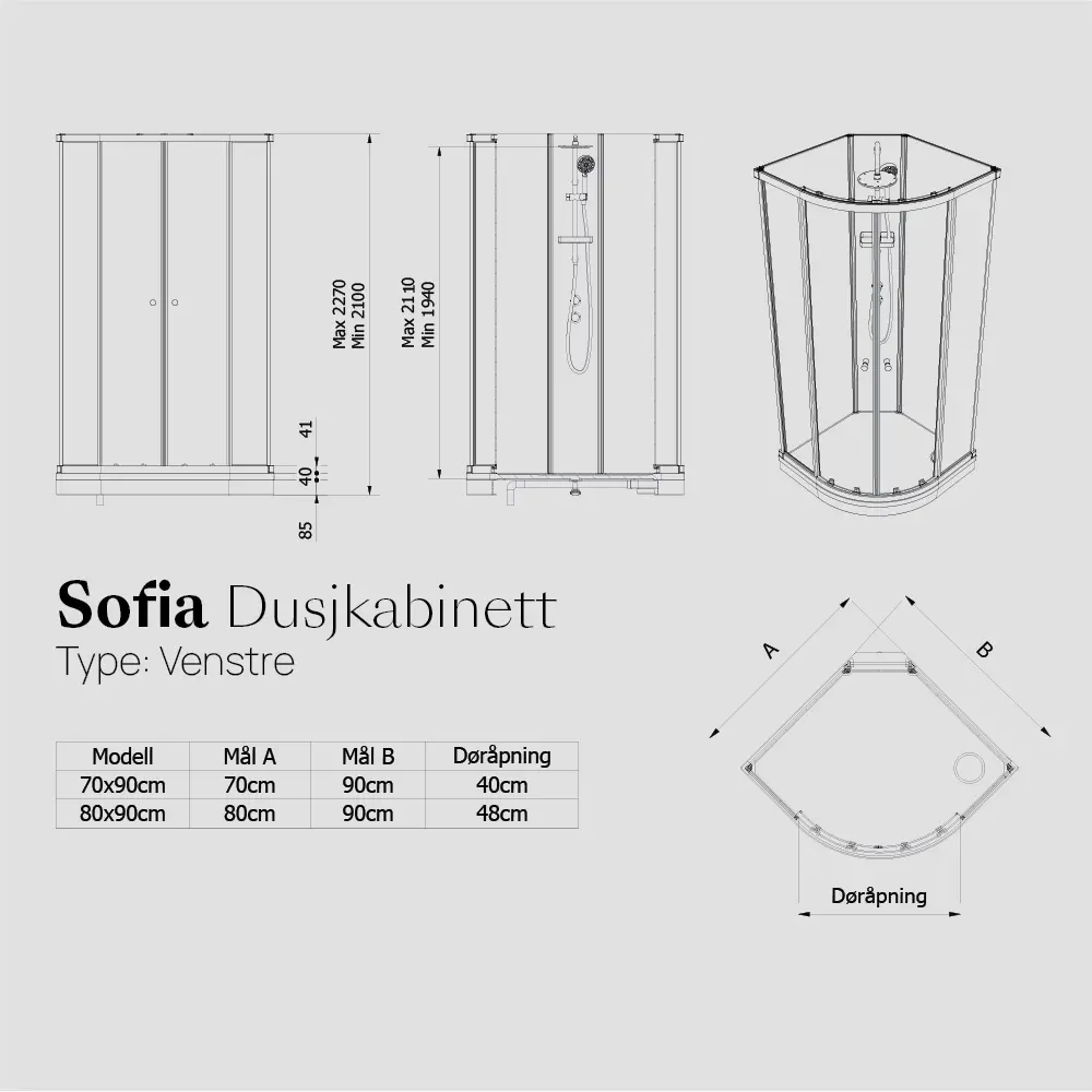 Dusjkabinett SOFIA standard 70x90 V - Bilde 2