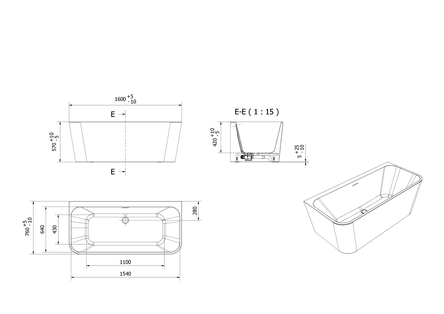 Badekar DYBE RETT 160 - Bilde 2