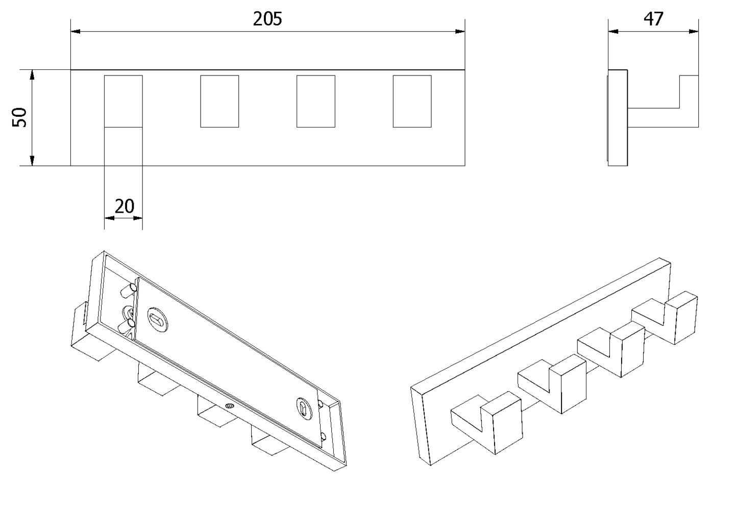 Knaggrekke med 4 kroker rett LUNA - Bilde 2