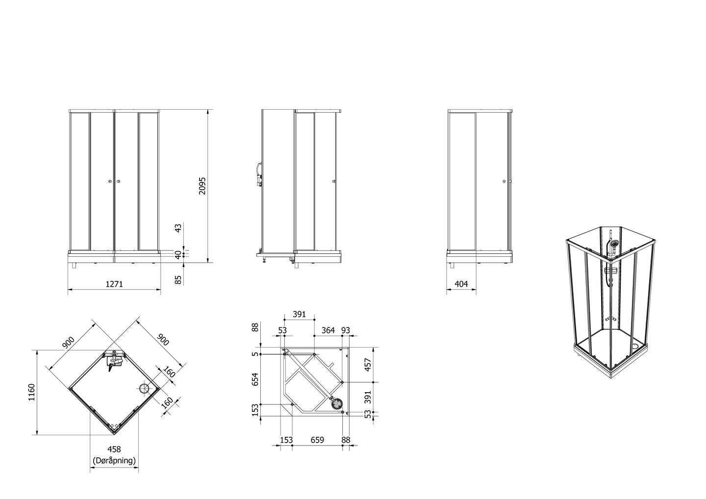 Dusjkabinett SOFIA rett pluss 90x90 - Bilde 2