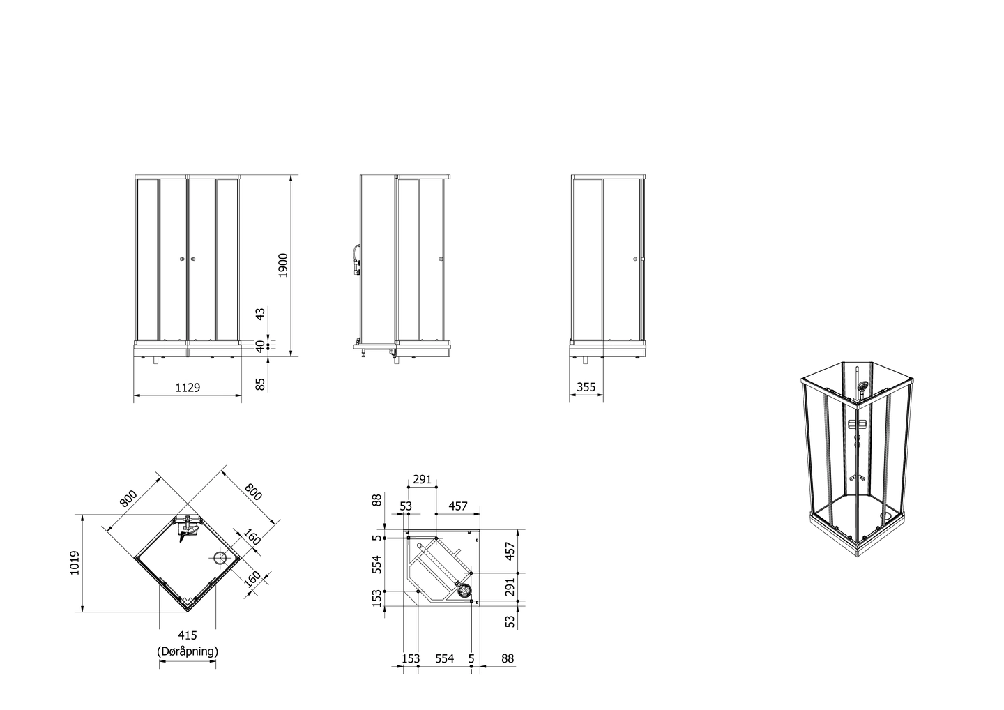Dusjkabinett SOFIA rett std 80x80 lav - Bilde 2